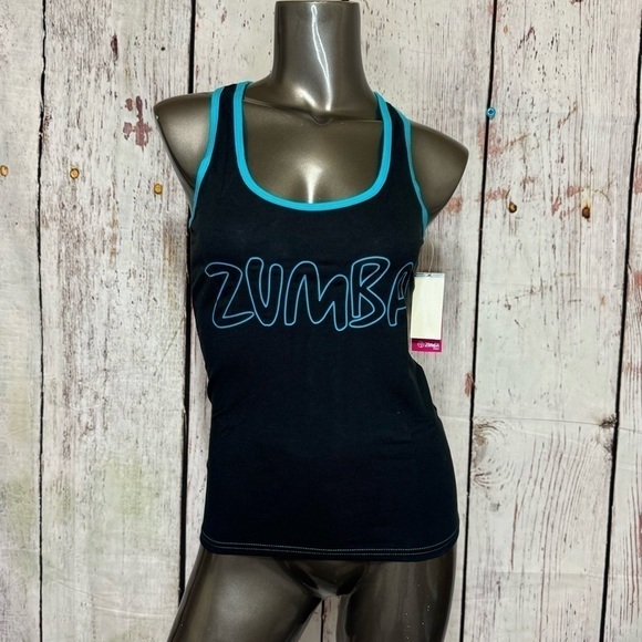 ZUMBA FITNESS sporty stretchy black tank top Blue “Join the Party” XLarge NWT - Picture 1 of 9